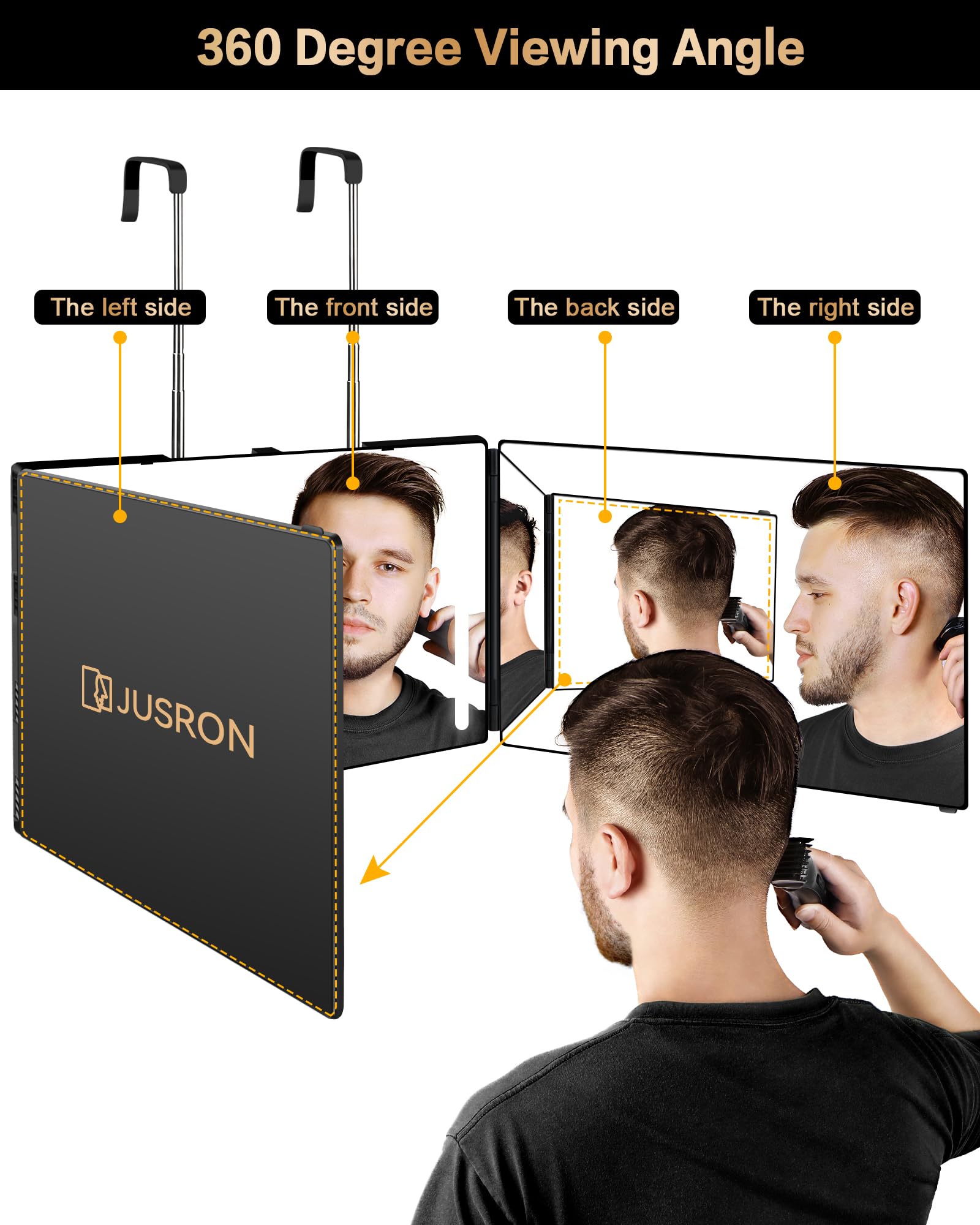 JUSRON three‑panel open view giving full 360° head visibility benefit