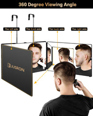 JUSRON three‑panel open view giving full 360° head visibility benefit