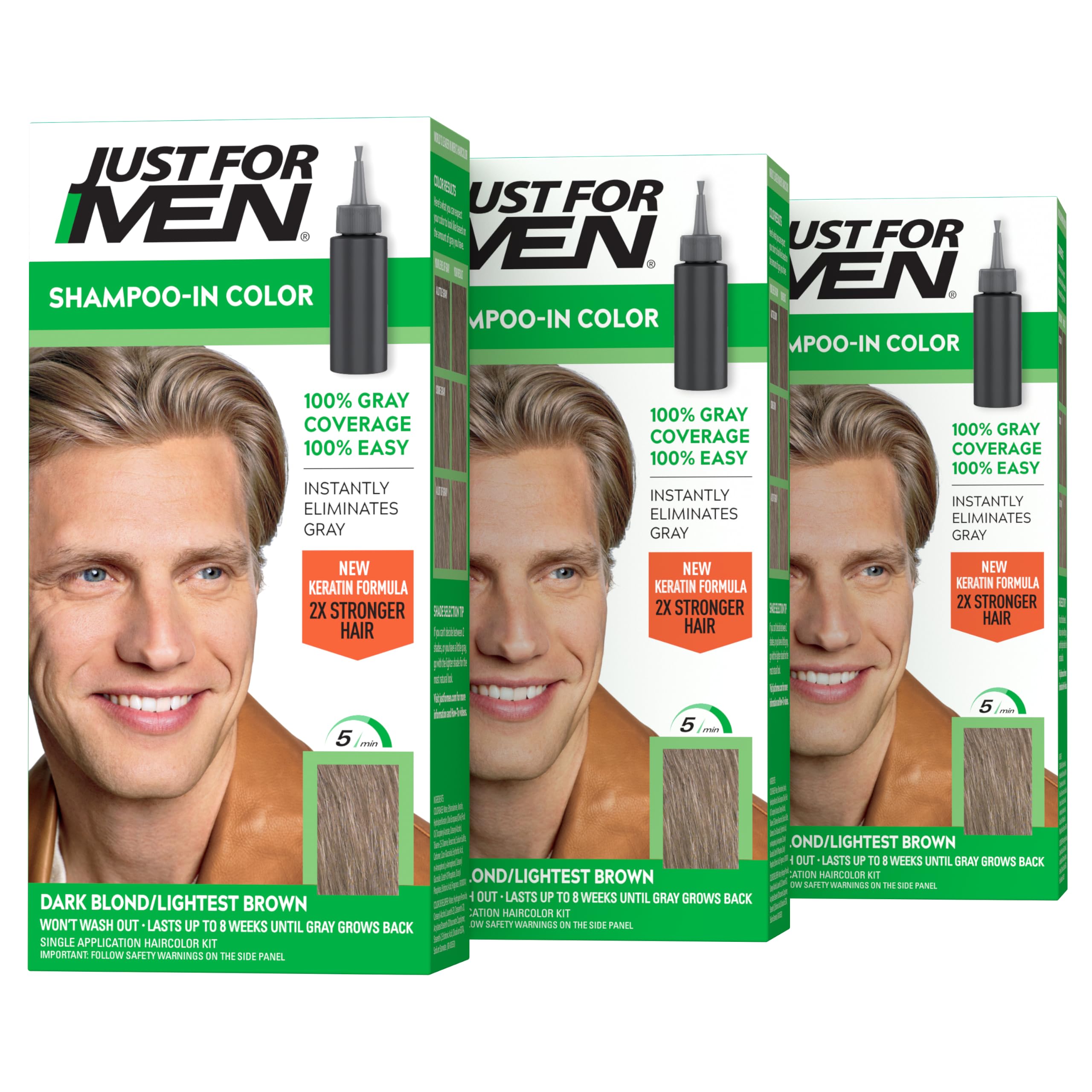 Just For Men dark blond front packaging showing three-box set and benefits