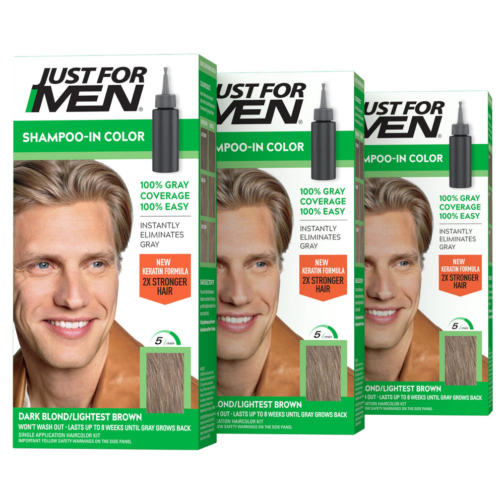 Just For Men dark blond front packaging showing three-box set and benefits