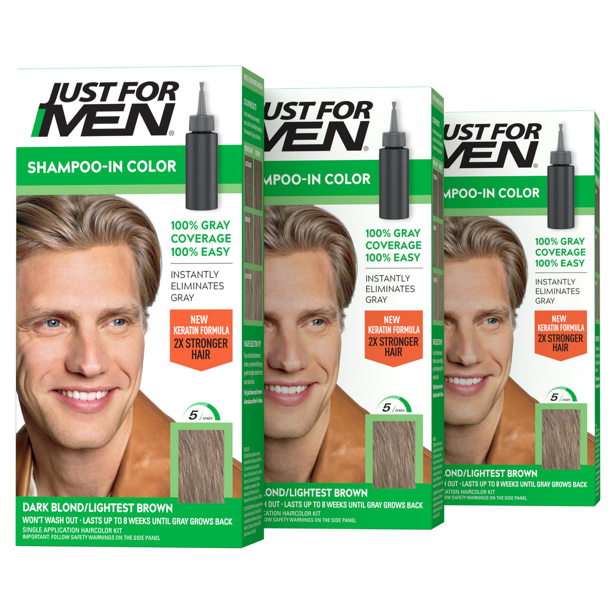 Just For Men dark blond front packaging showing three-box set and benefits