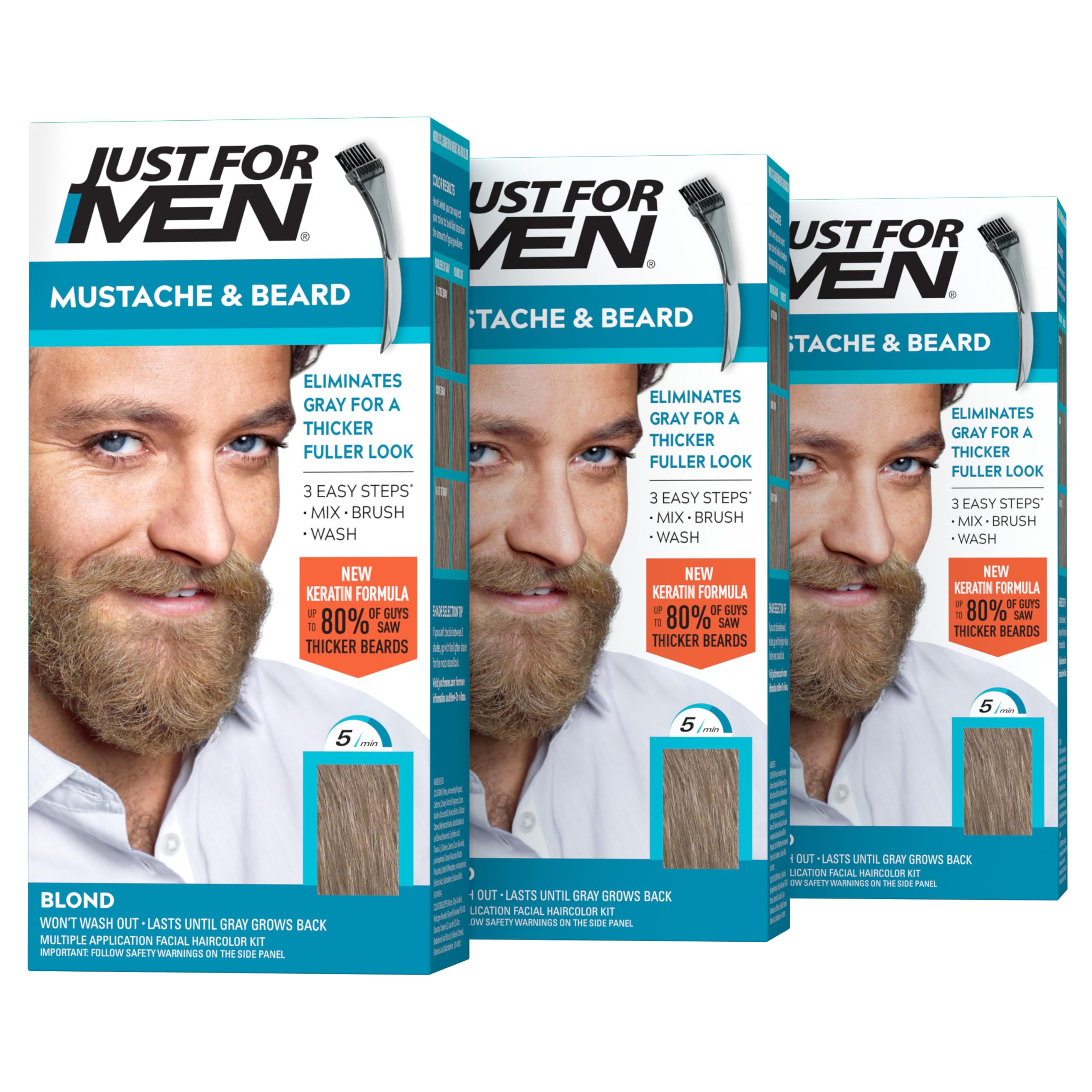 Just For Men front packaging showing blond M-10/15 and three-pack benefit