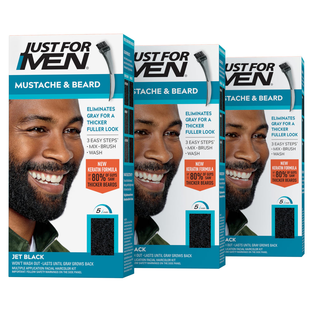 Just For Men front packaging showing jet black 3-pack and quick-benefit