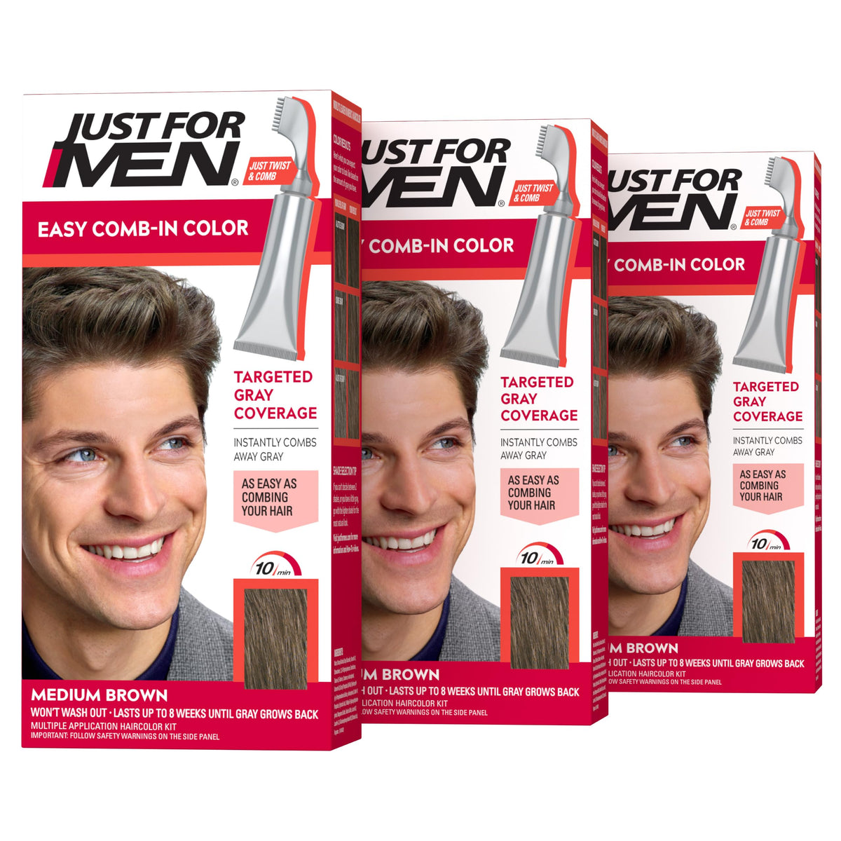JUST FOR MEN front pack showing medium brown shade and benefits