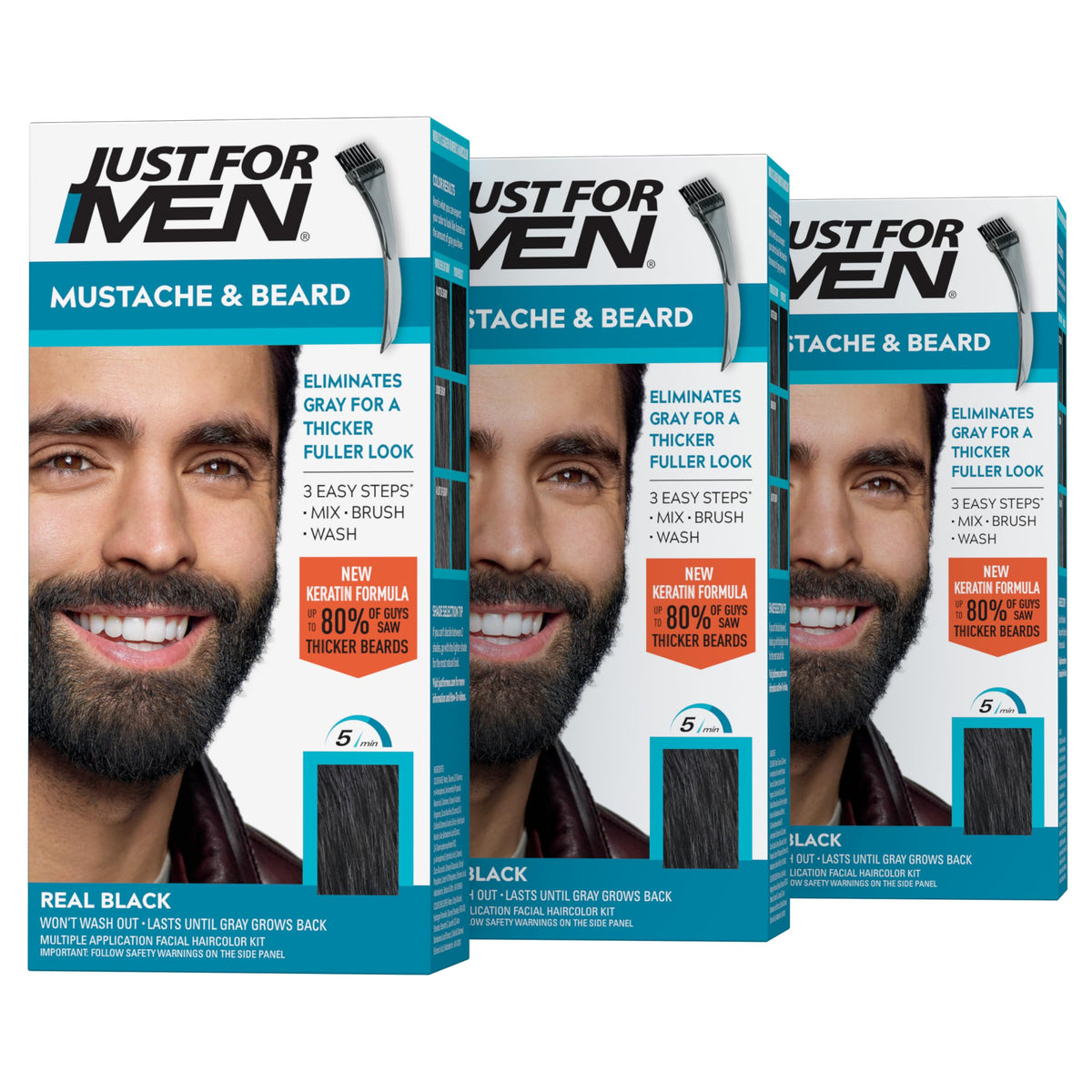 Just For Men front packaging showing three-box set and product name, clear buying view
