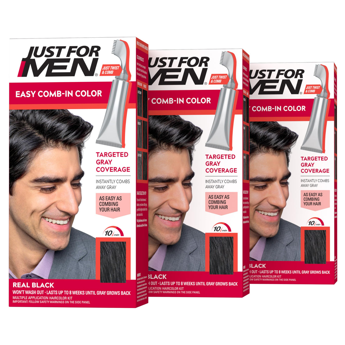 Just For Men product front packaging showing Real Black three-pack with clear labeling and convenience