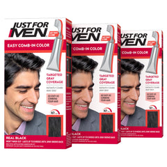 Just For Men product front packaging showing Real Black three-pack with clear labeling and convenience