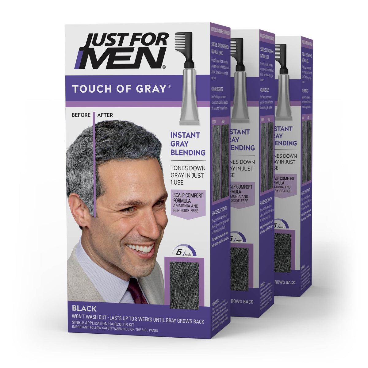 Just For Men front packaging showing product and three-count value