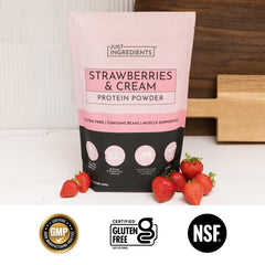 JUST INGREDIENTS blended shake in glass showing creamy strawberry flavor and quick nutrition