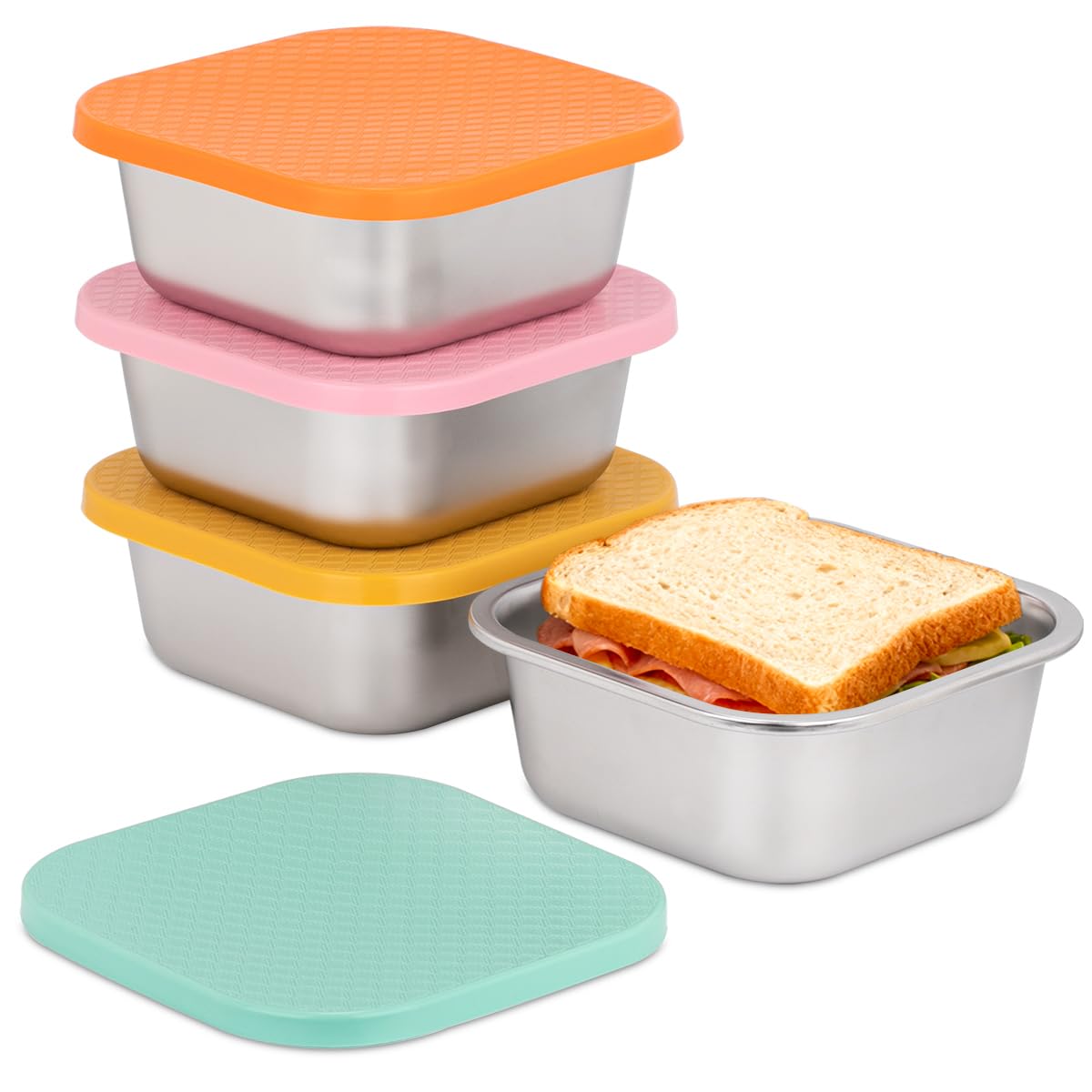JUSTASHOW front view of four stainless steel sandwich containers showing colorful lids and compact design