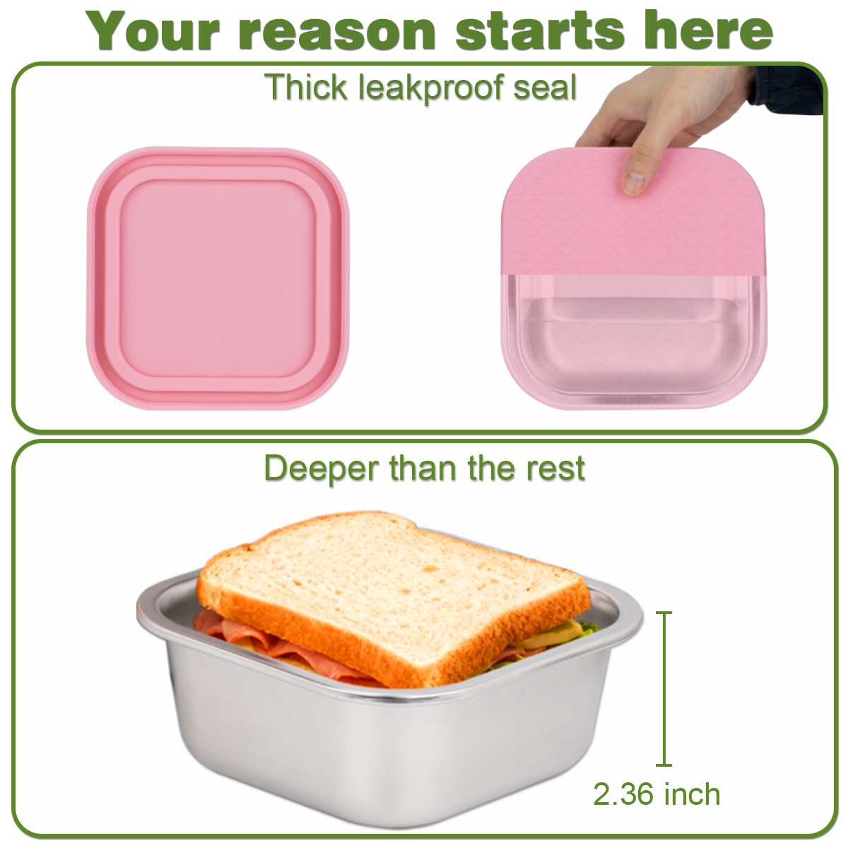 JUSTASHOW close-up of silicone lid seal demonstrating leak resistance and easy opening
