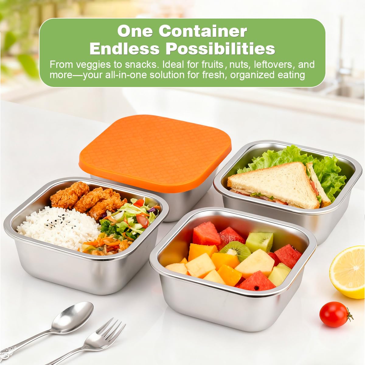 JUSTASHOW open container with salad and sandwich showing generous 30oz capacity and organization benefit