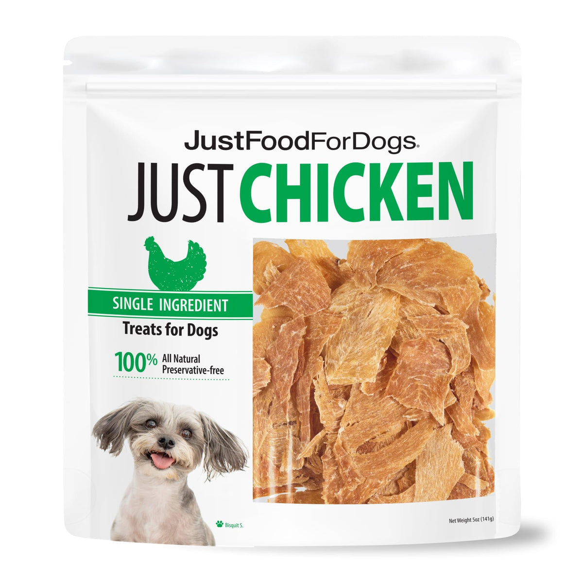 JustFoodForDogs front packaging showing chicken breast treats and fresh appeal