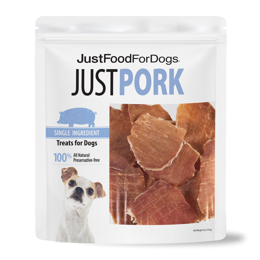 JustFoodForDogs front packaging showing 5 oz pork treats and clear benefits