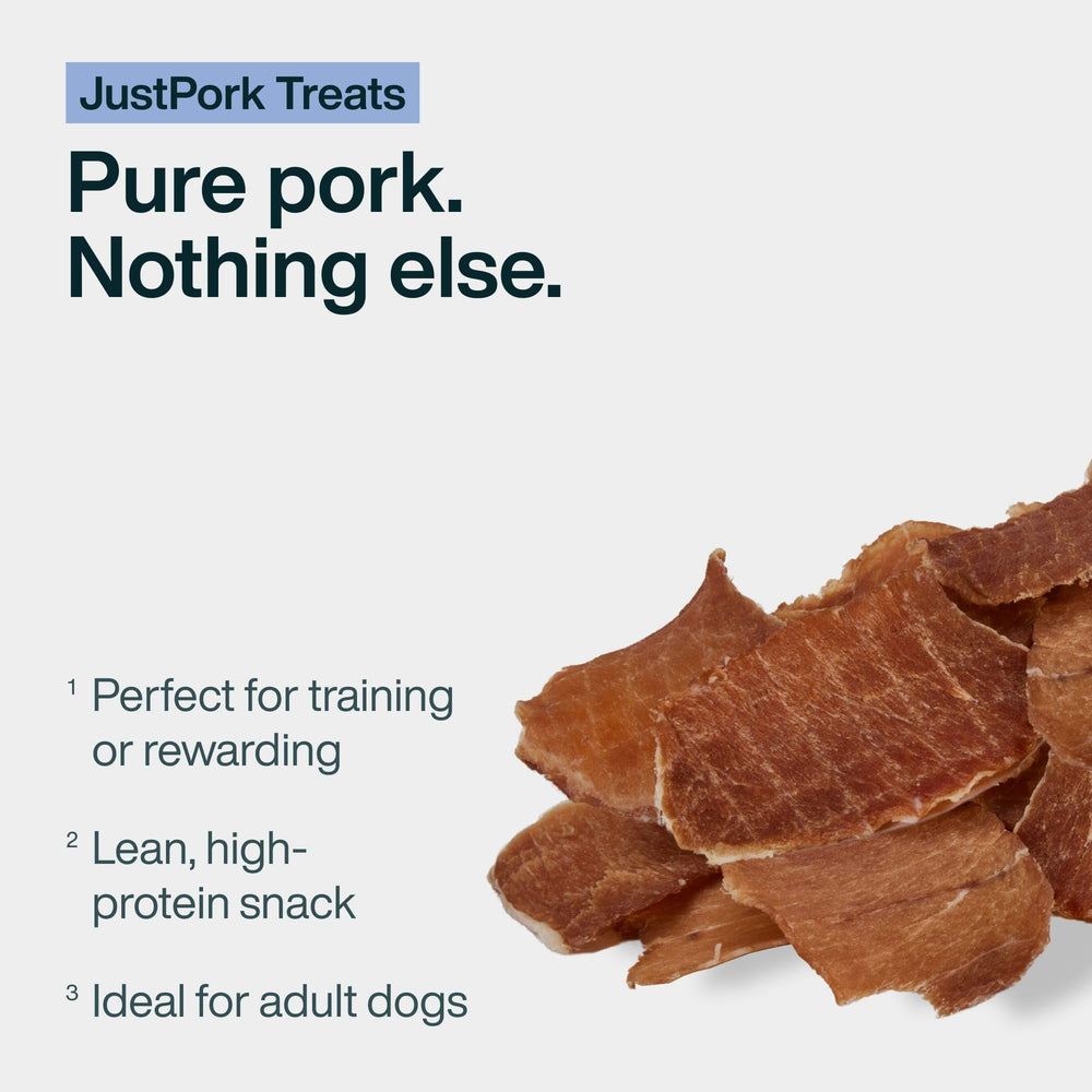 JustFoodForDogs pork treat in hand showing easy portioning benefit
