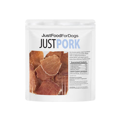 JustFoodForDogs closeup of pork treat texture highlighting chewiness benefit