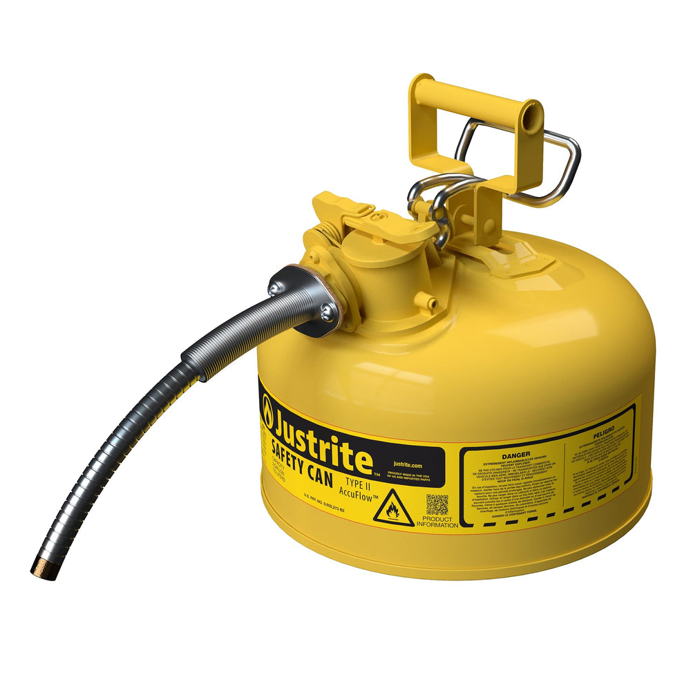 Justrite front view of yellow galvanized steel can showing durable finish and benefit of corrosion resistance