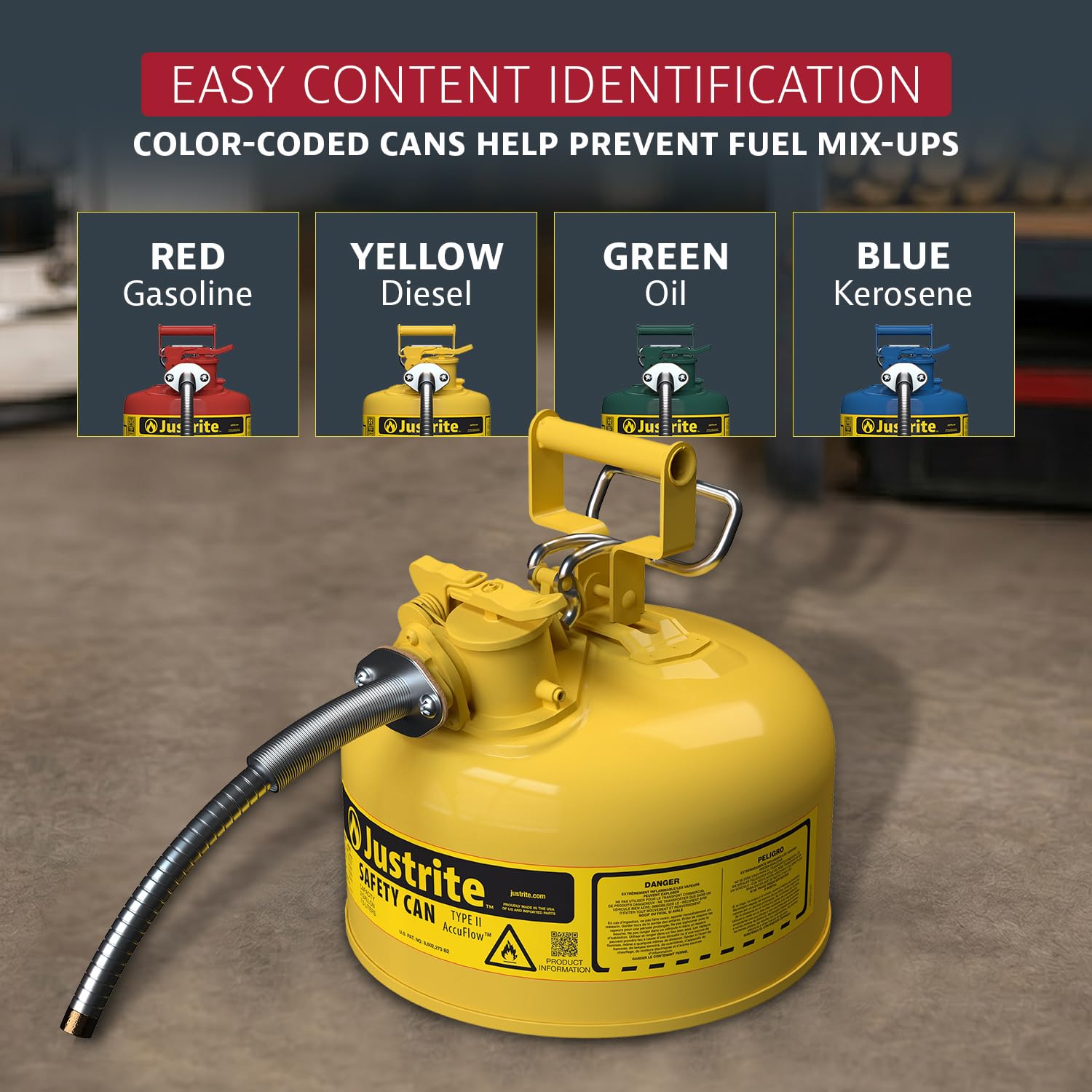 Justrite can pouring diesel into a truck tank showing controlled, glug-free fuel transfer