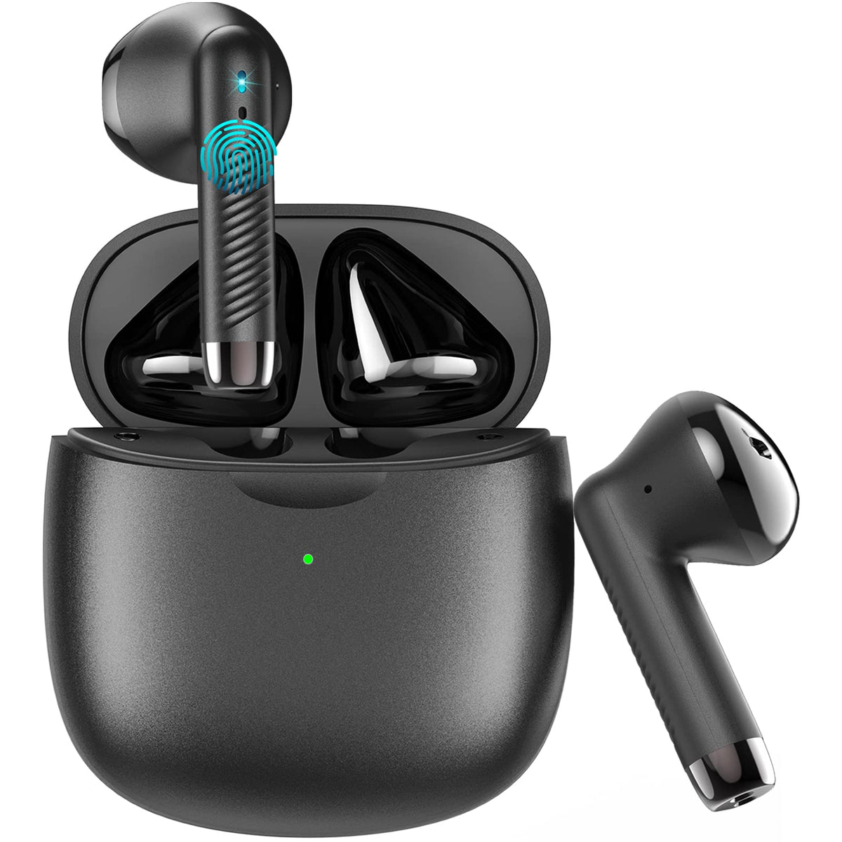 Jxrev front view of earbuds and charging case showing compact portable design and quick access
