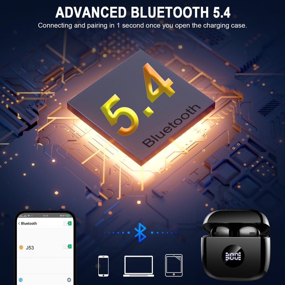 Jxrev charging case LED power display lit to show battery levels for each earbud and the case
