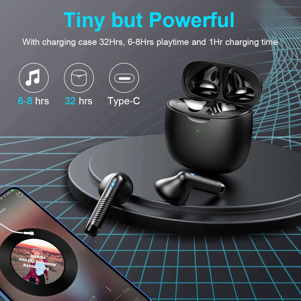 Jxrev earbuds and case next to a coin for size comparison showing pocketable convenience
