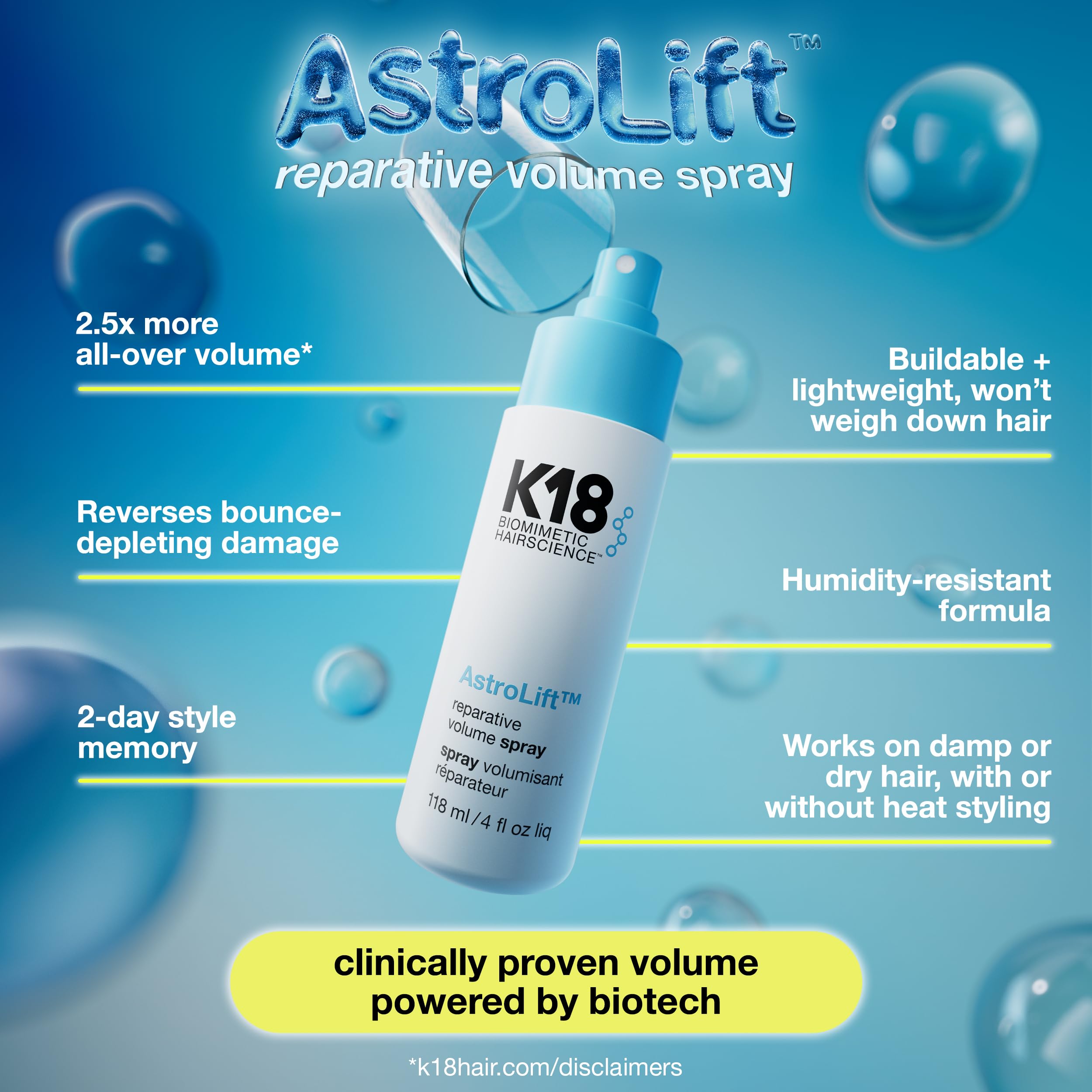 K18 AstroLift applied at roots demonstrating visible lift and fuller hair