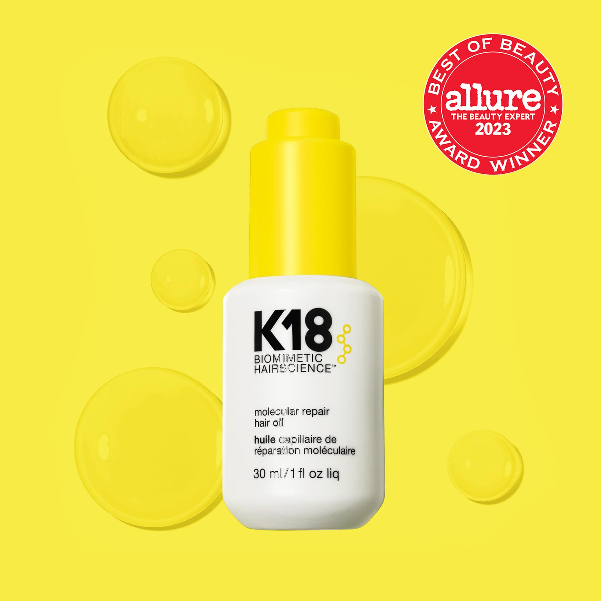 K18 oil texture droplet highlighting lightweight, non-greasy formula for smooth application