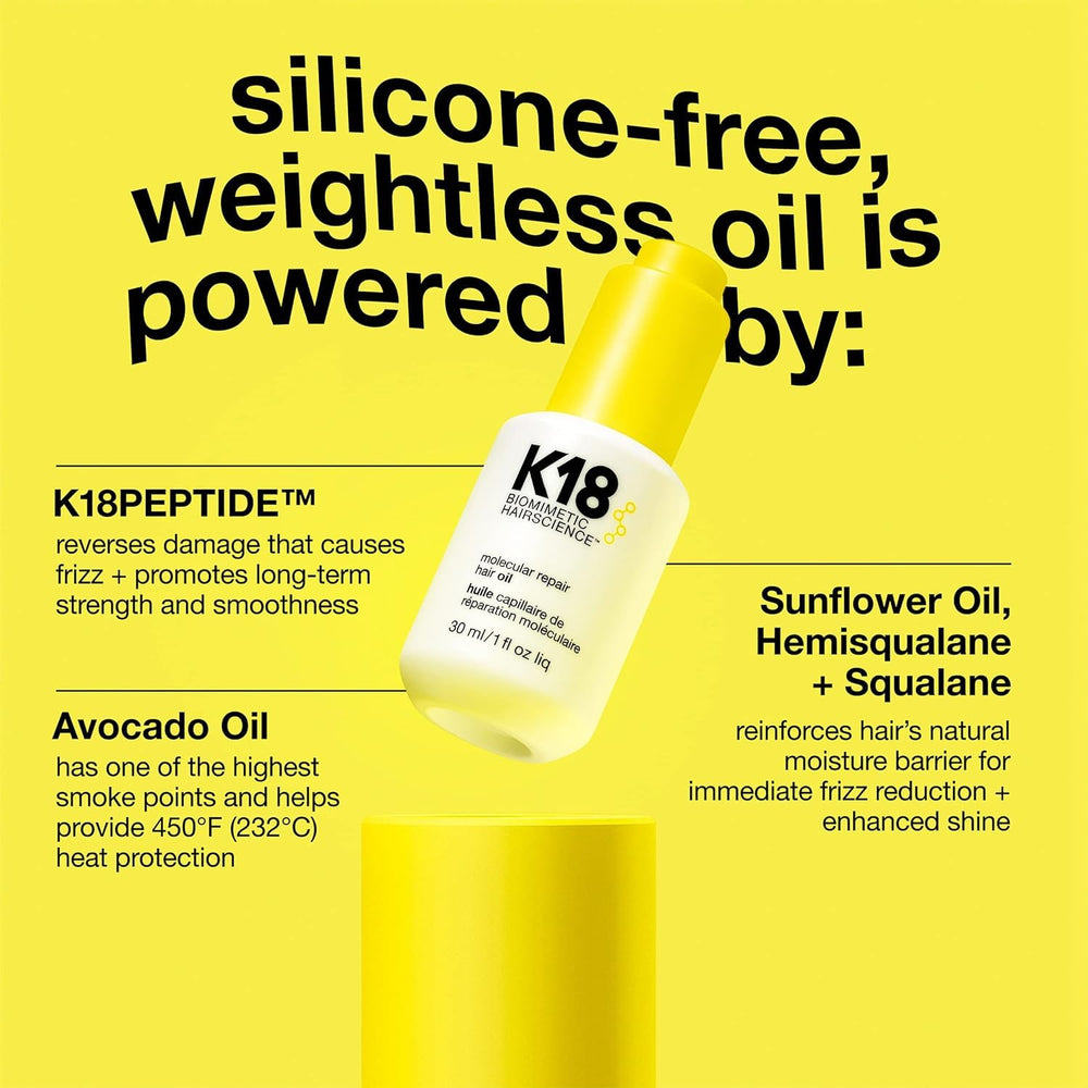 K18 size scale hand holding bottle showing travel-friendly 1 fl oz convenience