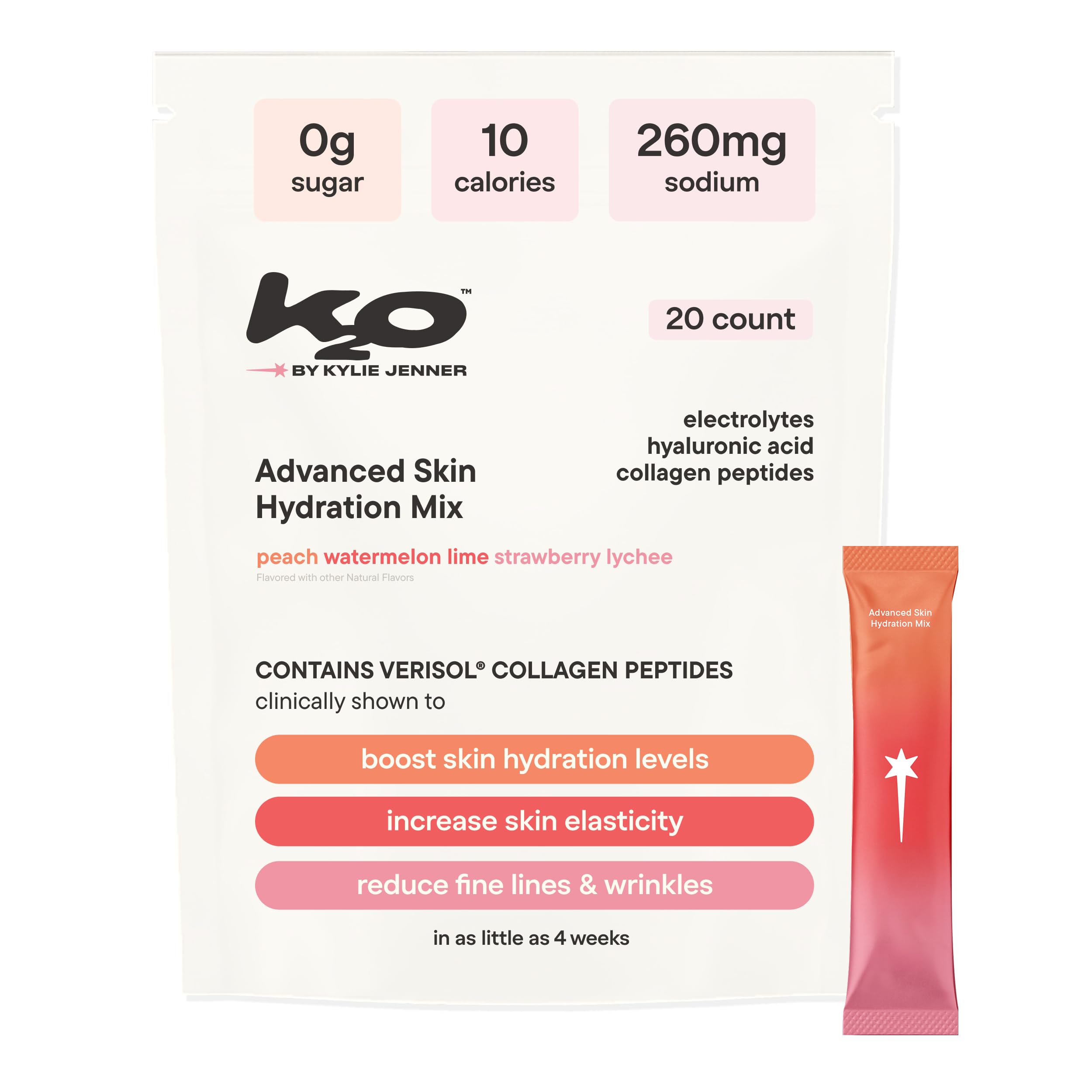 k2o front packaging variety pack showing sachets and branding, highlighting convenience