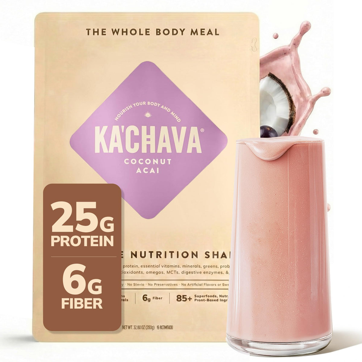 Ka'Chava front canister showing Coconut Acai branding and serving count, clear product benefit