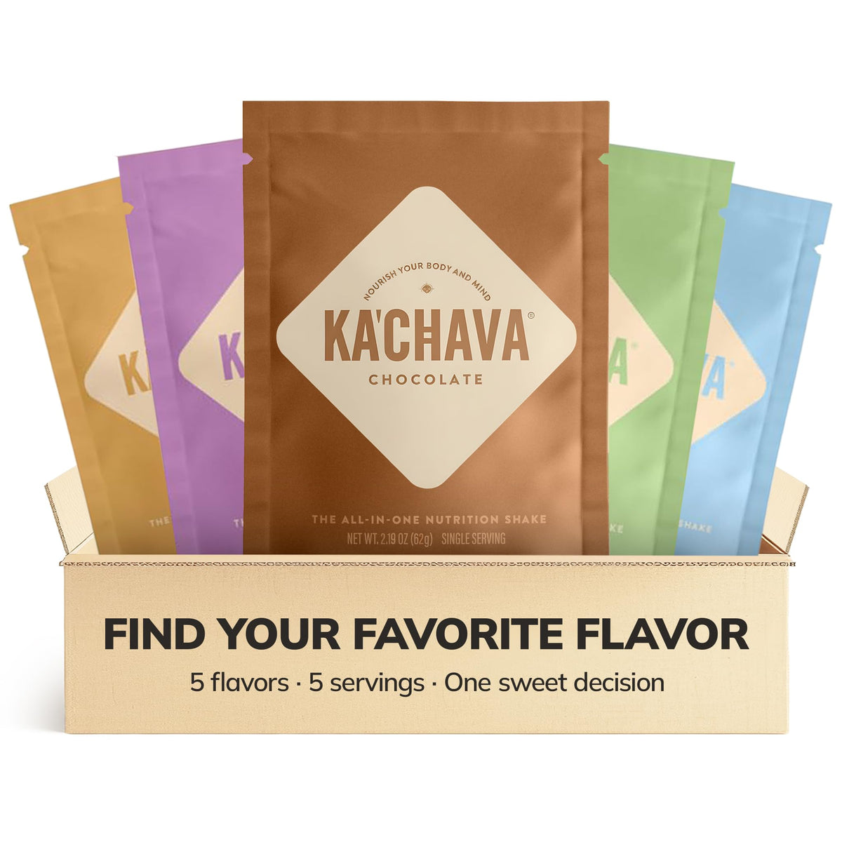 Ka'Chava front packaging showing variety pack and convenience benefits