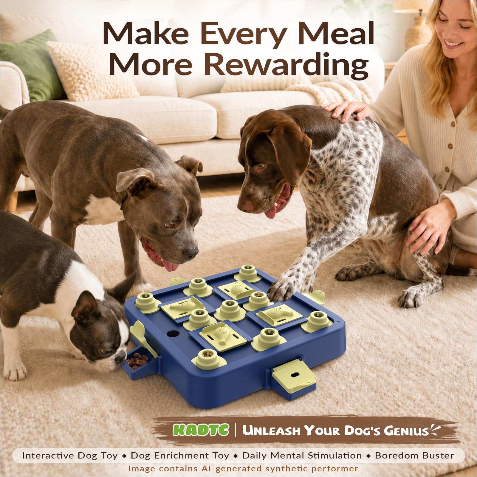 KADTC dog solving puzzle in home setting showing engaged enrichment and calmer behavior