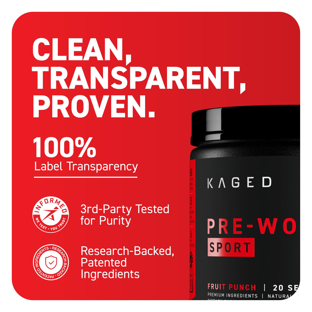 Kaged pre-kaged sport bottle beside dumbbells showing gym-ready energy boost