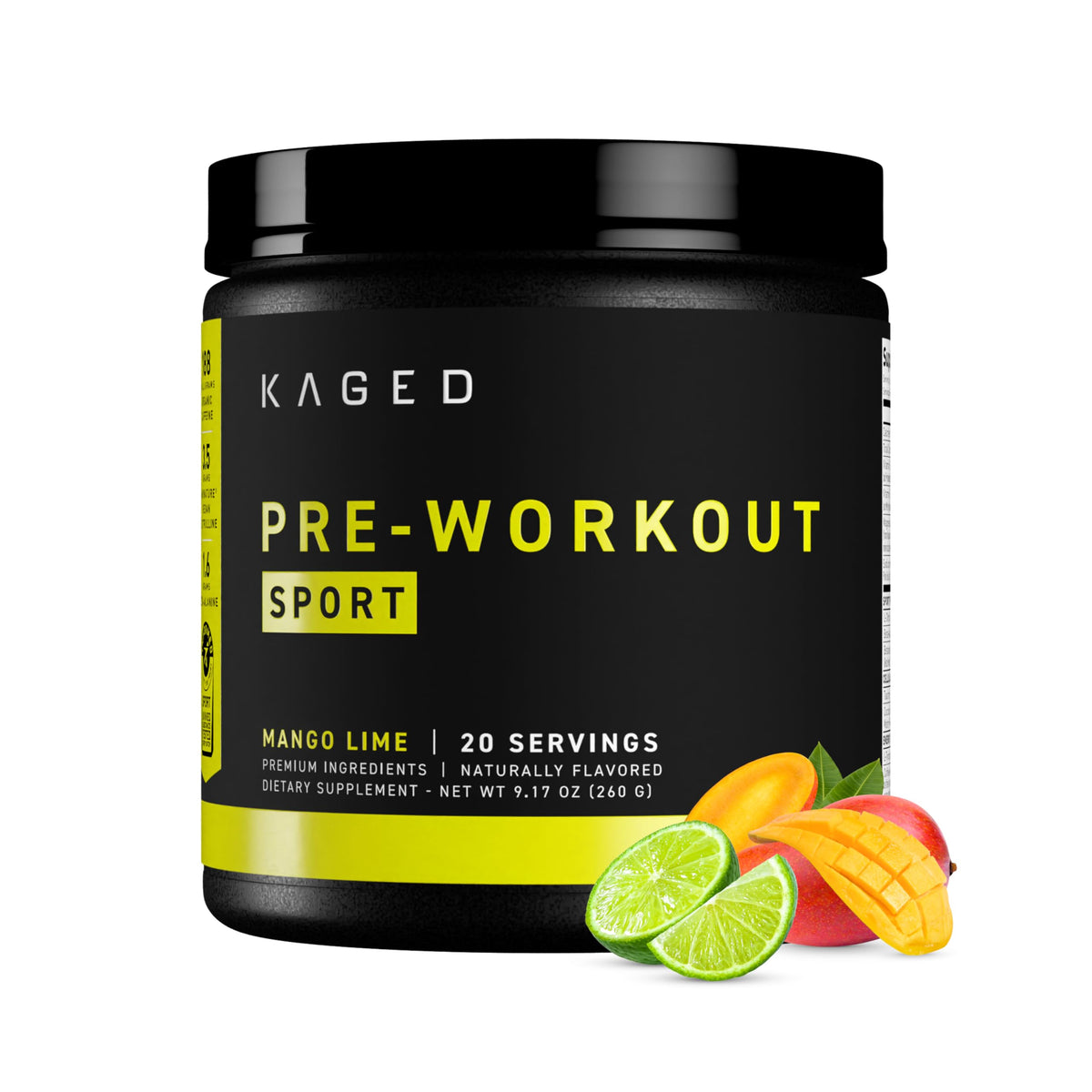 Kaged Pre-Kaged Sport front tub showing mango lime label and benefits