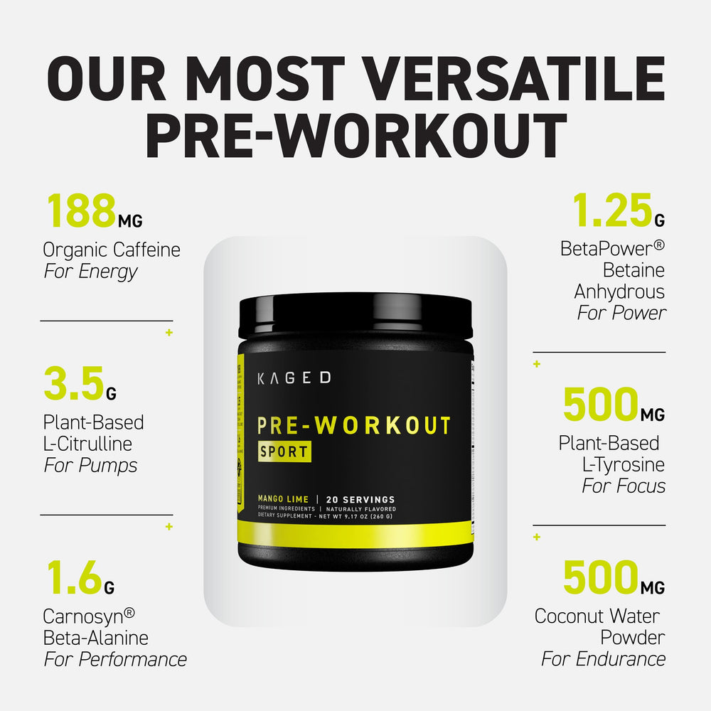 Kaged scoop of powder from Pre-Kaged Sport tub, easy serving control