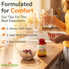 Kaibro Nutra capsules close-up displaying smooth vegan capsules and purity benefit