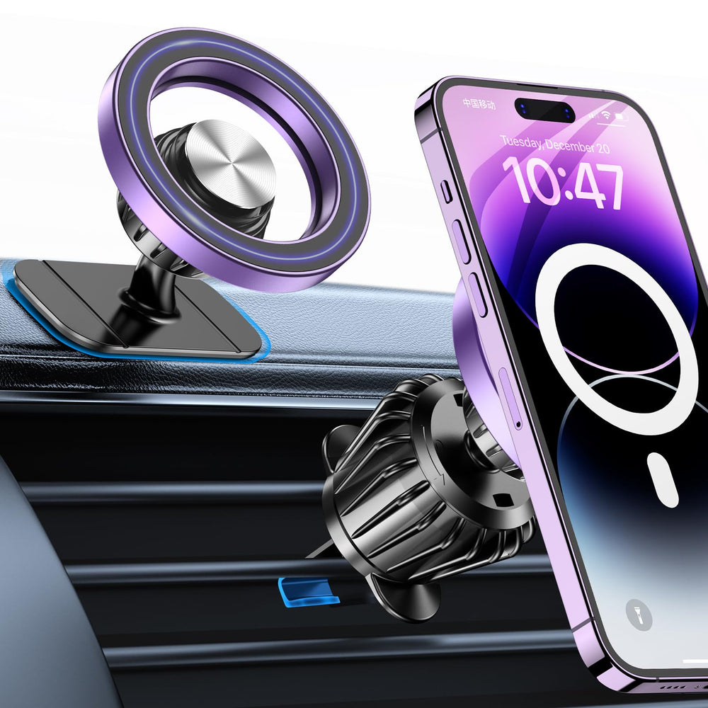 Kaistyle front view showing violet MagSafe mount and clean compact design benefits secure placement