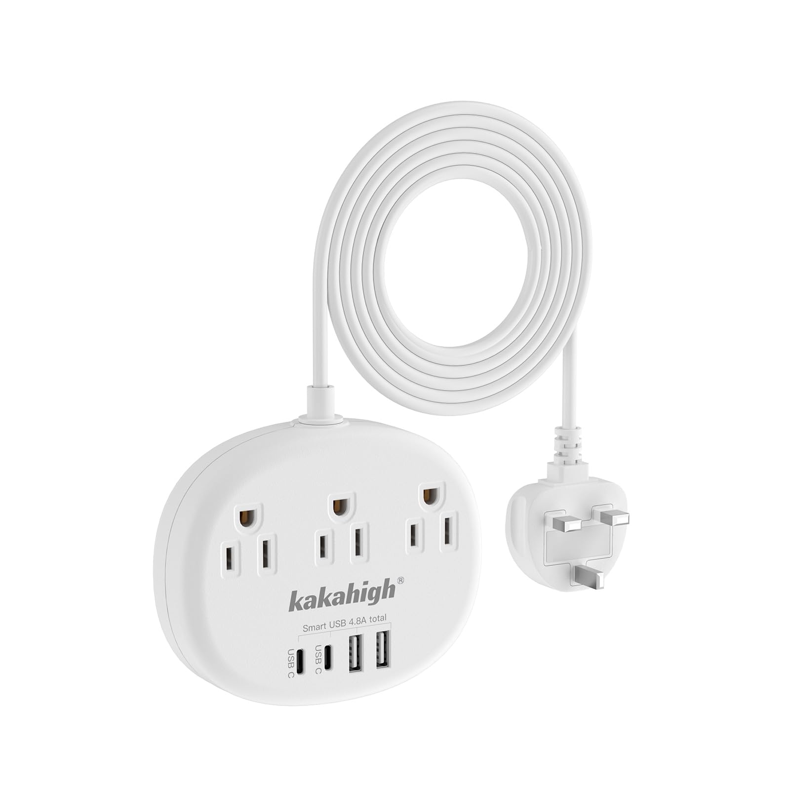 kakahigh front view of UK power strip showing outlet layout and portability benefit
