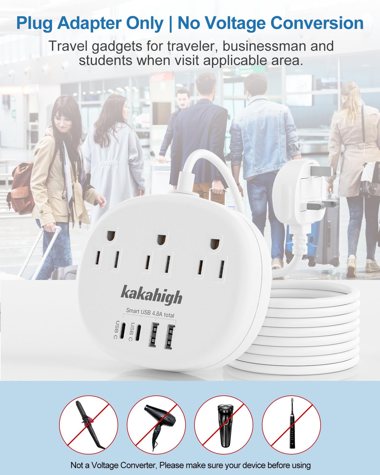 kakahigh demonstrating US plug inserted into adapter for easy international use