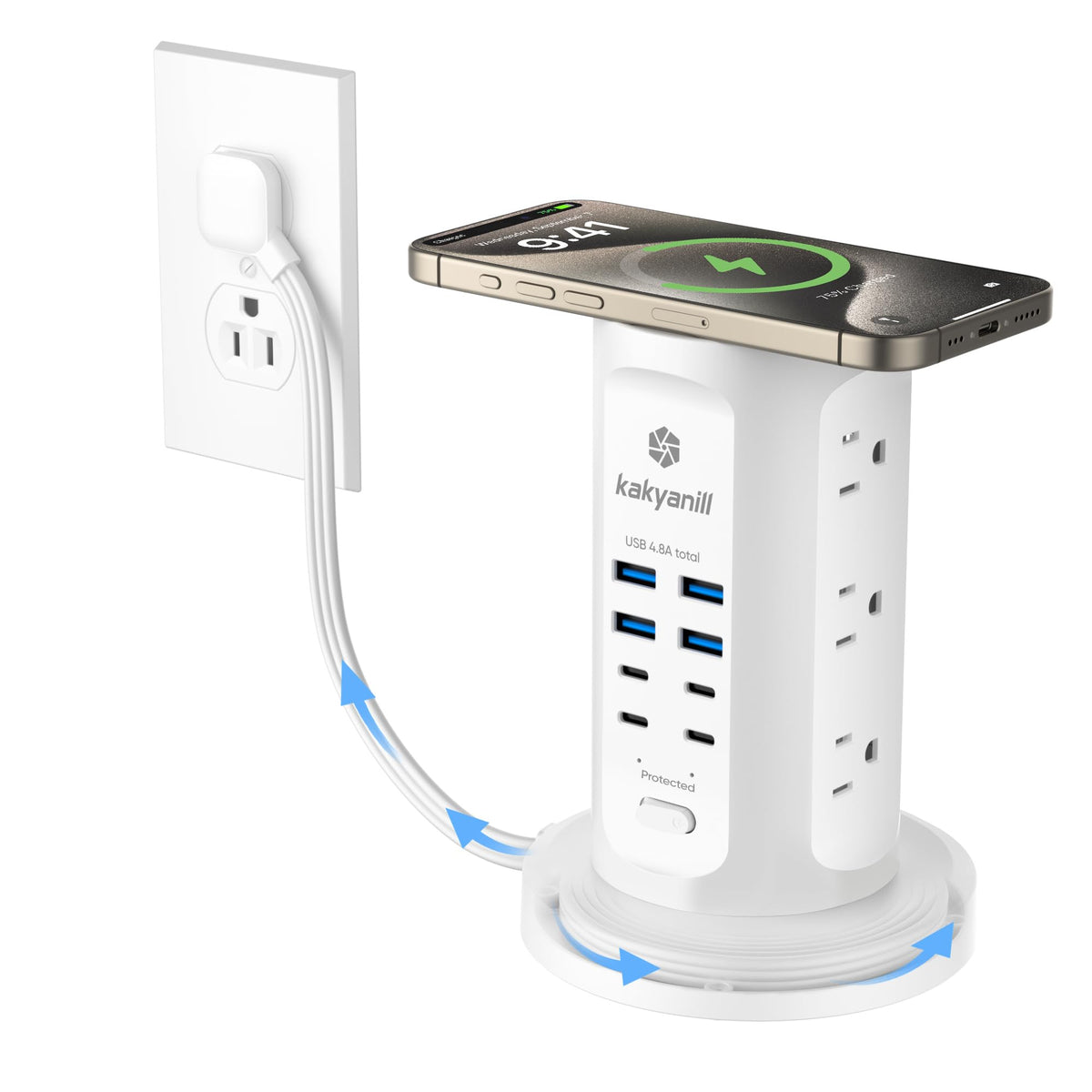kakyanill front view of tower charging station showing organized outlets and ports benefit: efficient power consolidation