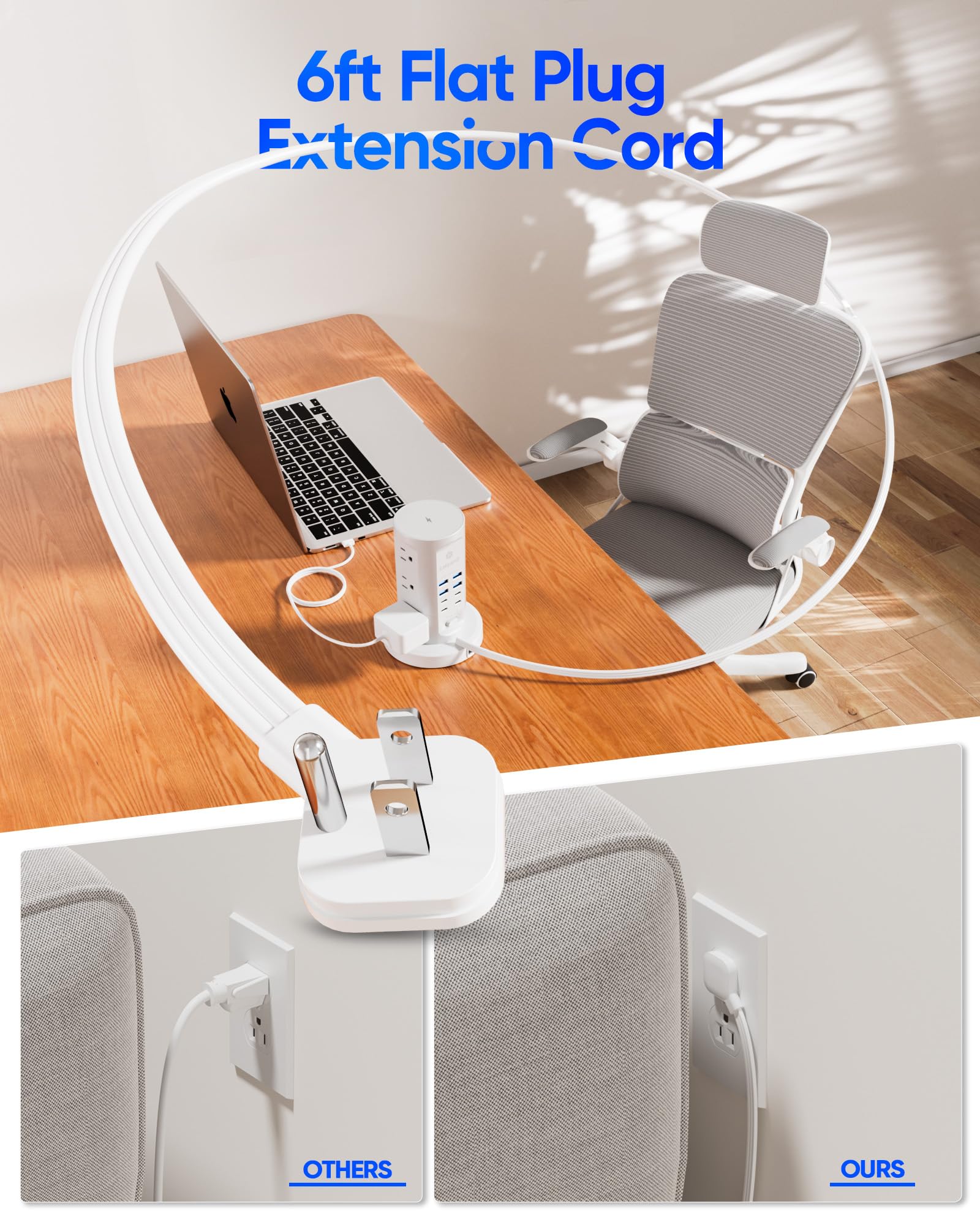 kakyanill power tower in use on a home desk powering laptop and phone benefit: keeps workspace tidy