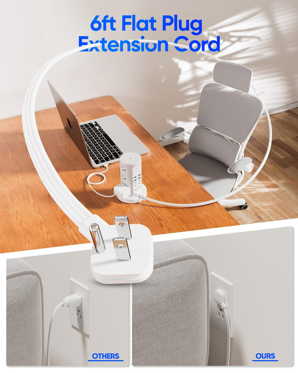 kakyanill power tower in use on a home desk powering laptop and phone benefit: keeps workspace tidy