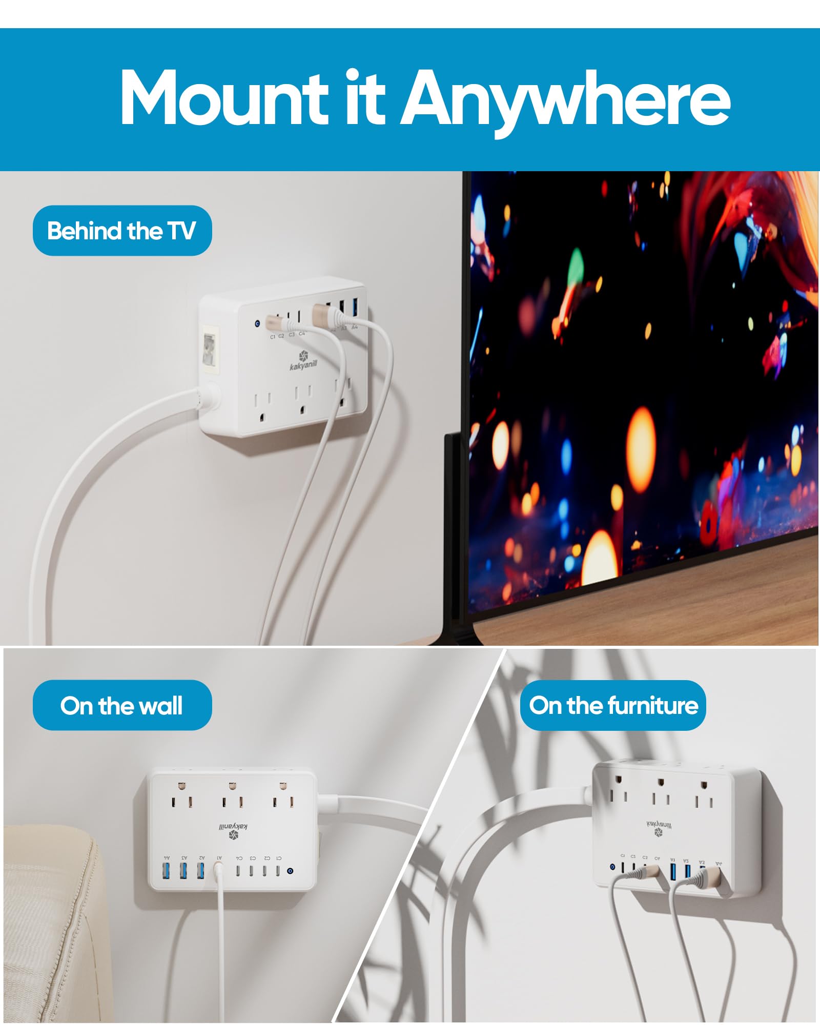 kakyanill label close-up displaying power ratings and surge protection details