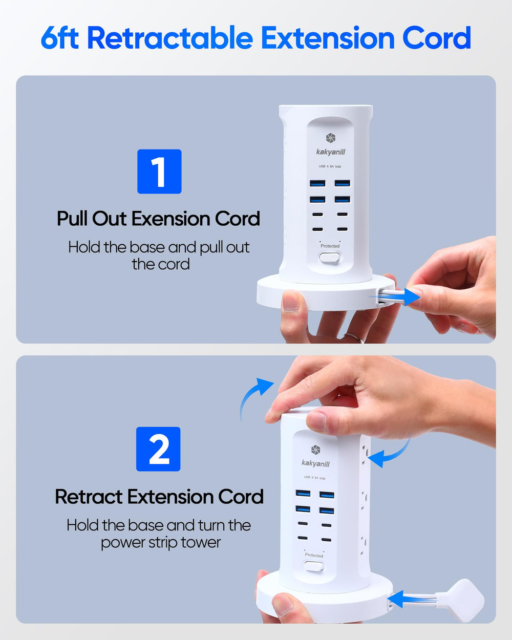 kakyanill retractable cord base extended and stored benefit: reduces cable clutter