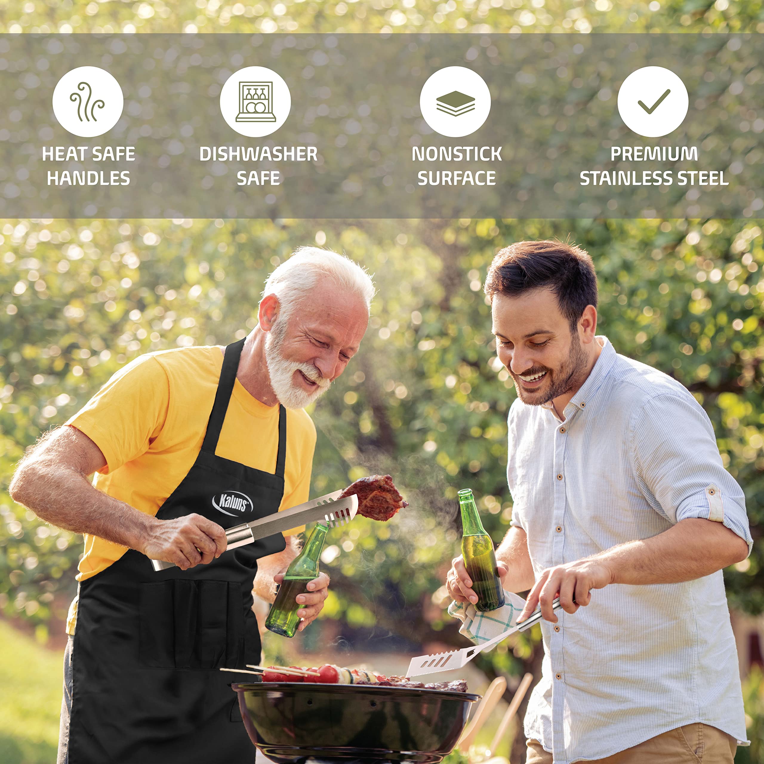 Kaluns apron with four pockets holding tools for on-grill convenience and quick access