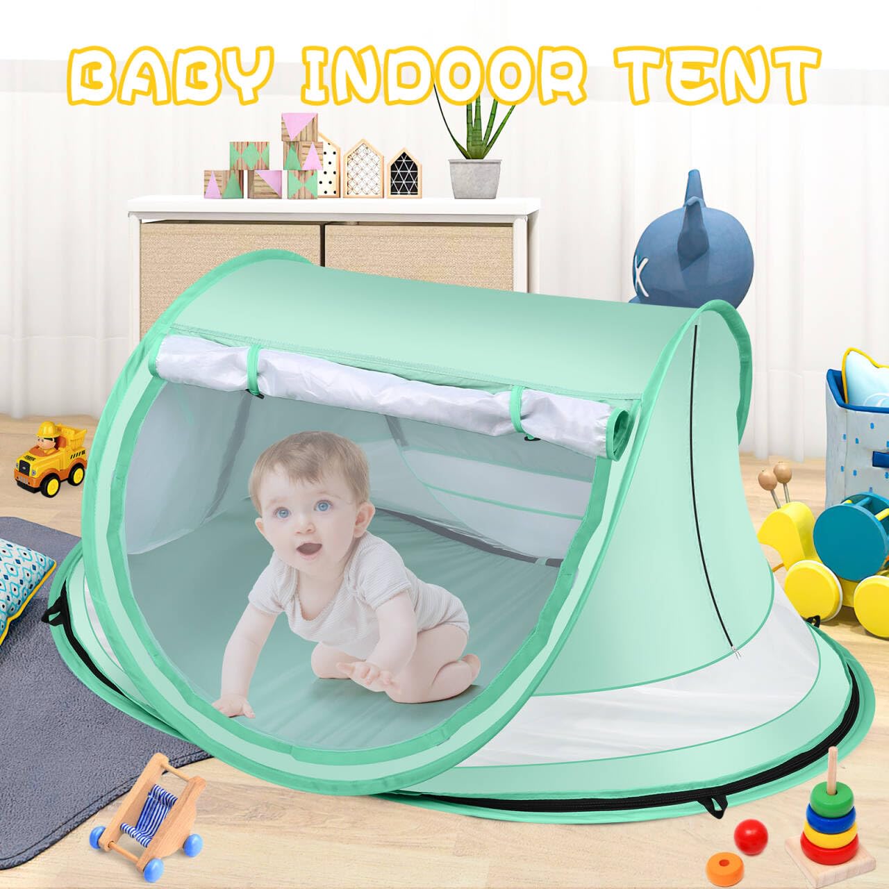 Kapeazo family using tent at beach creating instant protected play area