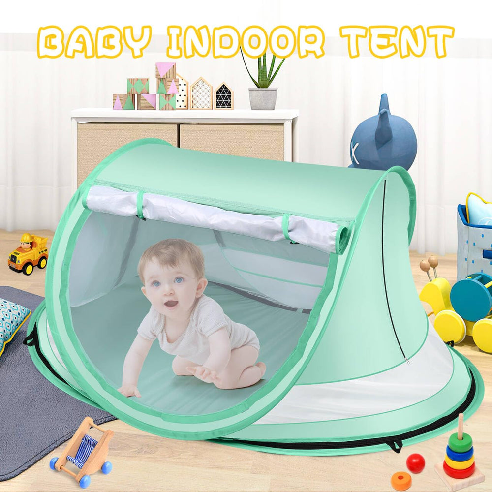 Kapeazo family using tent at beach creating instant protected play area