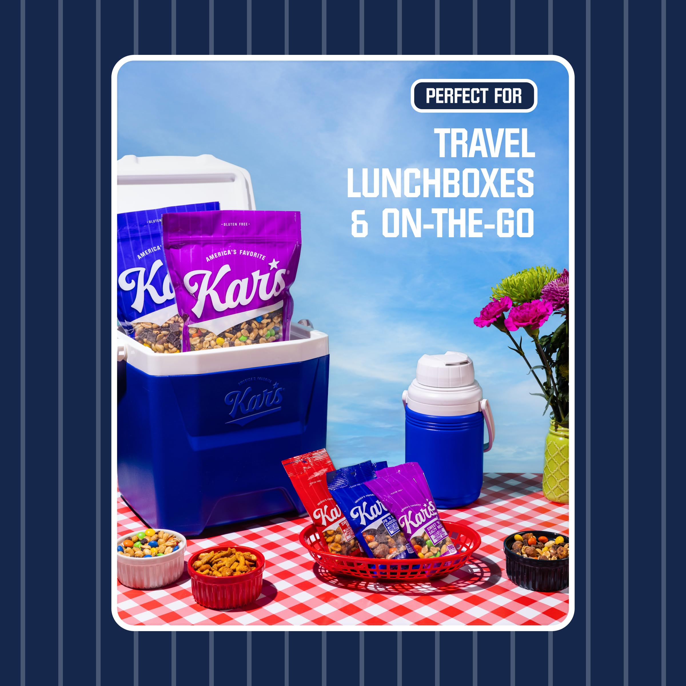 Kar’s open pouch spilling mix showing fresh, ready-to-eat advantage