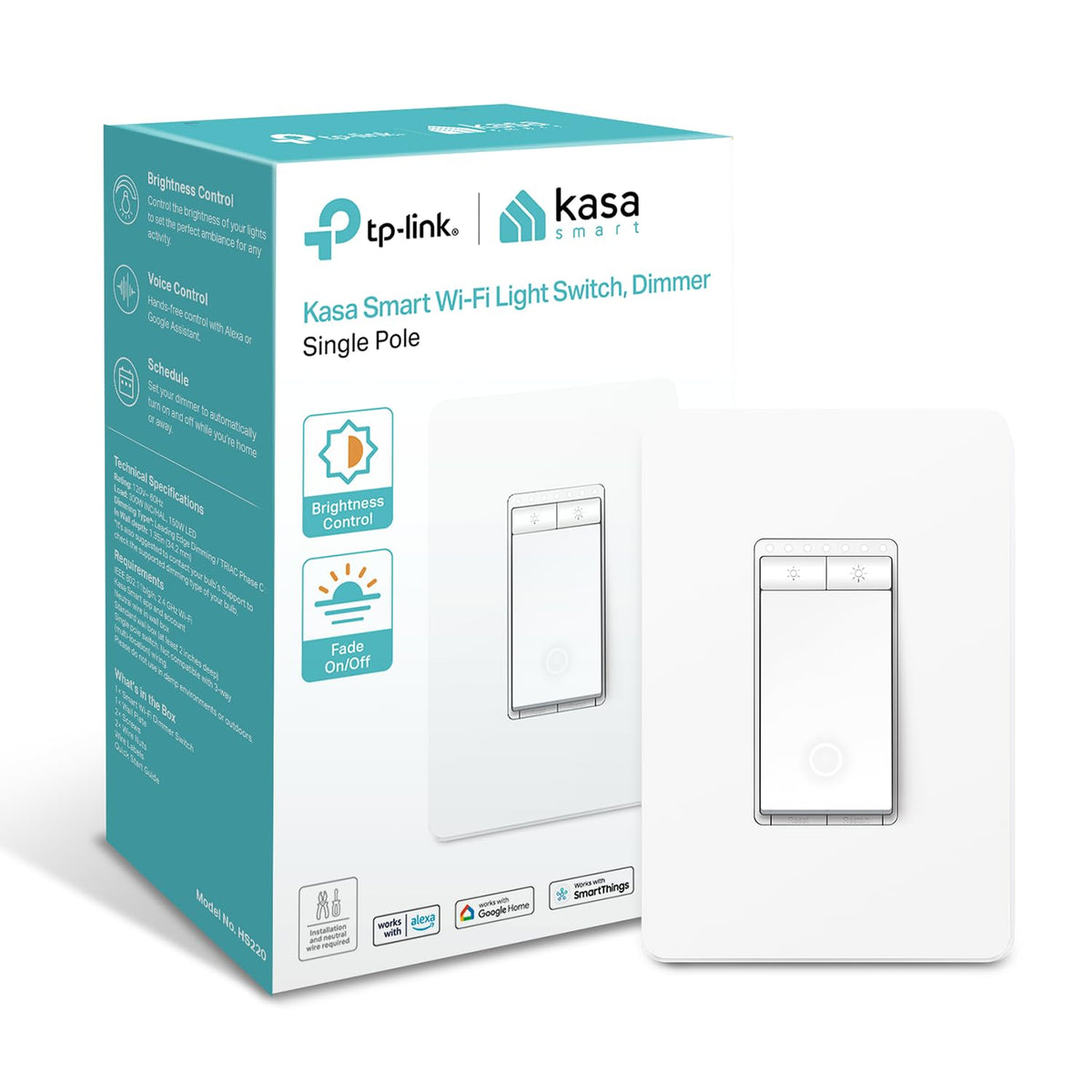 Kasa Smart HS220 front panel showing paddle and status LED for modern control