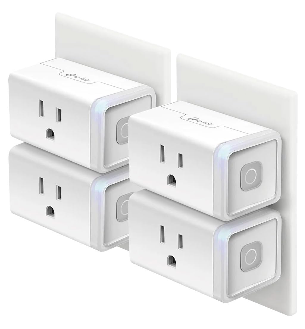 Kasa Smart HS103P4 front view showing four white smart plugs and compact design for space saving